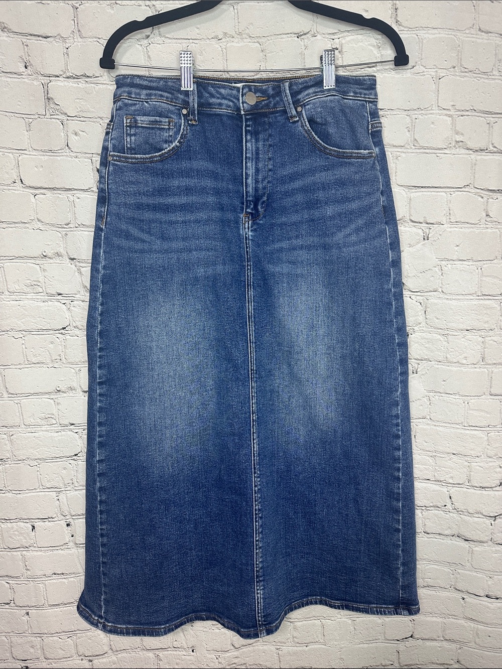 Risen Jeans Classic Blue Denim Maxi Skirt with Back Slit Size Large L